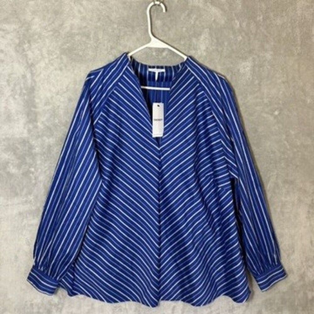 NWT Foxcroft Women's 2X Plus Blue White Stripe V Neck Long Sleeve Blouse